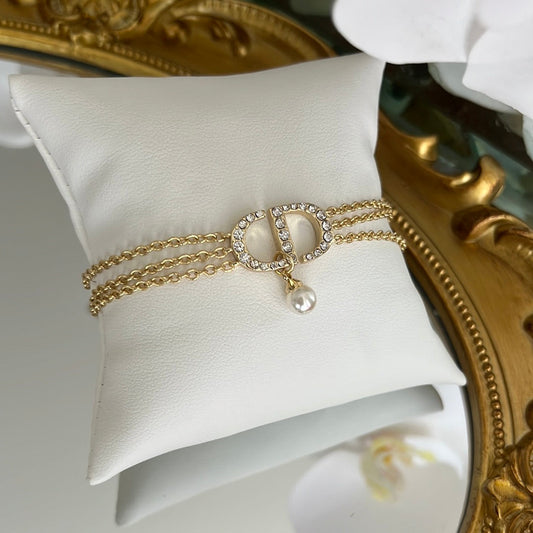 Gold Adjustable Bracelet with stone and Dangling pearl